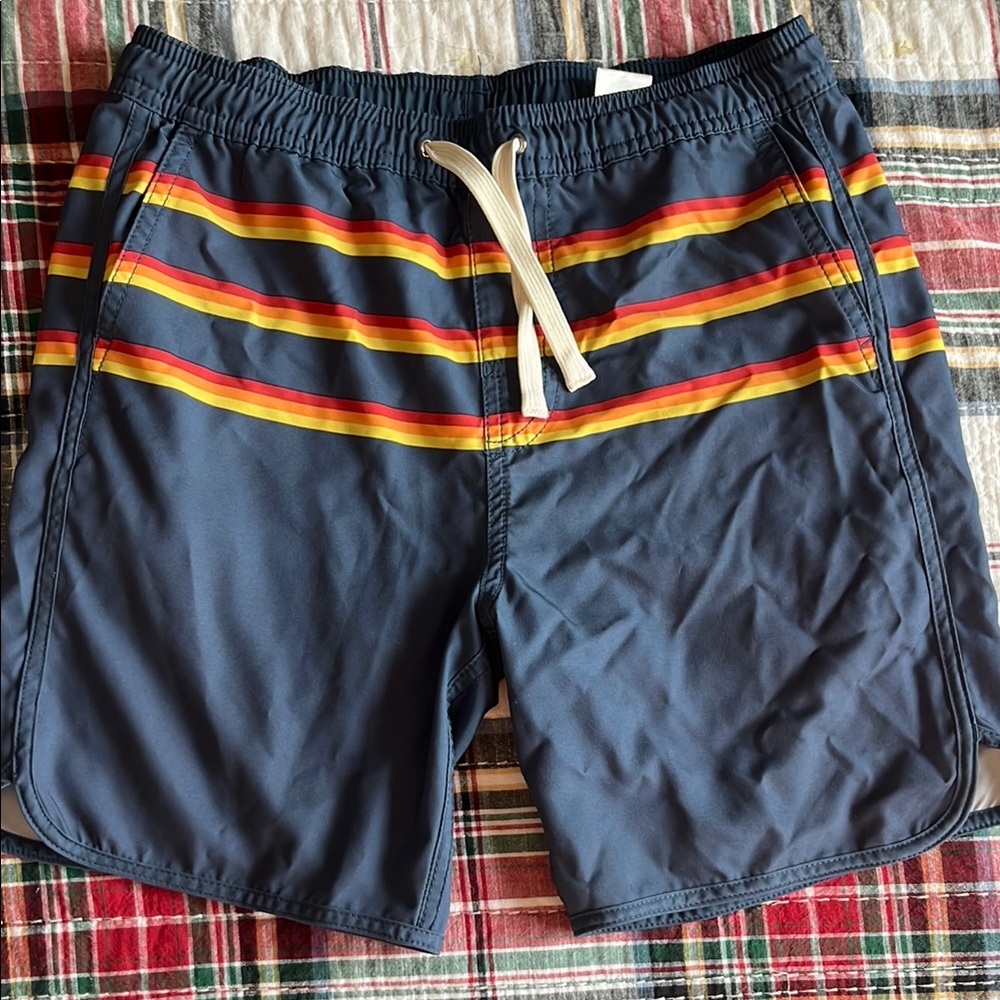 Boy’s Blue Swim Shorts with Red and Yellow Stripes